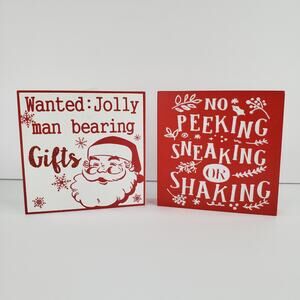 2 Christmas Wood Decor Signs Set Jolly Man No Peeking Holiday Santa Claus